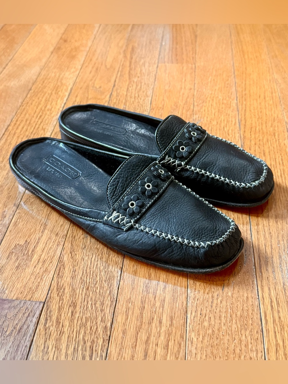 VTG Coach Womens 7.5 B Antoinette Leather Mules Loafers Slides Flowers Slip On